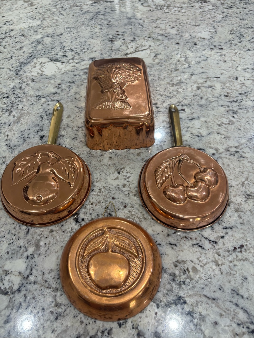 Vintage Copper Kitchen Molds Lot of 4 Cherry Pear Wheat Apple Cottagecore - Picture 2 of 15